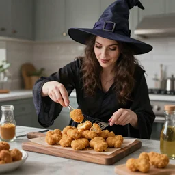 a witch cooking chicken nuggets, National Geographic photo, coherent like Dall-E 2