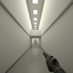 screenshot of a first person shooter game on unreal engine 5, narrow modern hallways of a government office facility with white dry wall, photorealistic, retrofuturism