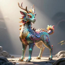 in the morning light, a colorful qilin, with a beautiful shape, cyberpunk style, rich details, unreal engine