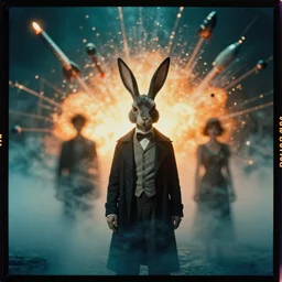 kodak portra 4 0 0, wetplate, teal and orange colours, krampus, bunny head, the walking dead, 1 9 1 0 s style, motion blur, portrait photo of a backdrop, explosions, rockets, bombs, sparkling, fog, by georges melies and by britt marling