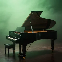 a giant grand piano fading into the green fog, dramatic