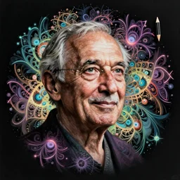 portrait of alan watts, fractal floral pattern, neon pencil on black paper