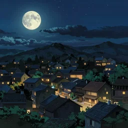 a serene painting of a town at night, the moon and stars, by studio ghibli, highly - detailed, anime, artstation, deviantart