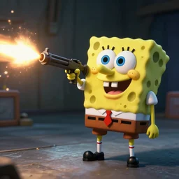 high detail full body shot of spongebob squarepants shooting a machine gun with muzzle flash, cinematic framing, cinematic light, hard shadows,