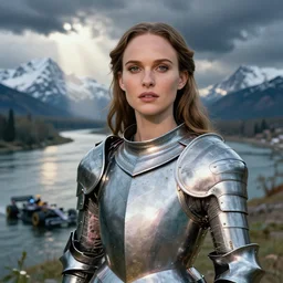 wizard, argentina rivers, natalie portman, hudson river school, max rive, full plate armor, f 1 6, bokeh, gentle, female, snowy mountain, storm clouds, god rays, close up portrait, d & d, fantasy, elegant, teal pink white gold color palette, concept art, roger deakins and greg rutkowski and alphonse mucha