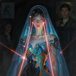 awe-inspiring award-winning concept art full body face portrait painting of lithe attractive anglerfish cyberpunk Ashley Liao in neon shrouds as the goddess of lasers, sparks, by Julie Bell, Jean Delville, Virgil Finlay, Alphonse Mucha, Ayami Kojima, Amano, Charlie Bowater, Karol Bak, Greg Hildebrandt, Jean Delville, Frank Frazetta, Peter Kemp, and Pierre Puvis de Chavannesa, extremely moody lighting, glowing light and shadow, atmospheric, shadowy, cinematic, 8K,