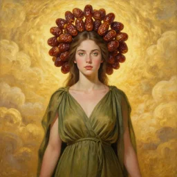 epic painting portrait photography beautiful goddess wearing olive dress with golden glow background, drawing, intricate, sweet dried date fruits halo, symmetrical front, by amy leibowitz, wlop, jeremy lipkin, beeple, intricate, artgerm, ilya kuvshinov, golden clouds background, centered