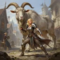 a blonde paladin woman fighting a giant goat on the streets of a fantasy town, d & d, fantasy, highly detailed, digital painting, artstation, concept art, character art, art by greg rutkowski and tyler jacobson and alphonse mucha