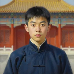 portrait of a handsome chinese boy in old beijing, painting by hun liu, oil on canvas, hyperrealism