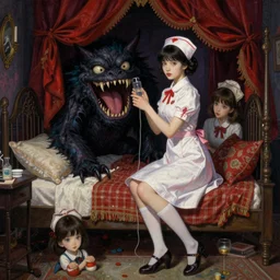 realistic detailed image of a nurse in an old soviet girlish room with a scart monster  hiding!!! under the bed!!! by  Ayami Kojima, Amano, Karol Bak, Greg Hildebrandt, and Mark Brooks, Neo-Gothic, gothic, rich deep colors. Beksinski painting. art by Takato Yamamoto. masterpiece. ultra details, high quality, high resolution .