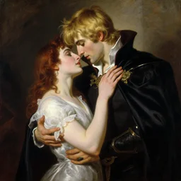 attractive male arthur pendragon who has blond hair confesses his love to attractive male dracula. highly detailed painting by gaston bussiere, craig mullins, j. c. leyendecker 8 k