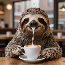 a beautiful portrait render of a sloth drinking coffee in a coffee shop in New York city, trending on ArtStation