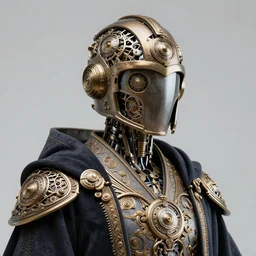 portrait of a divine helmet steampunk robot intricate clockwork dressed in mesmerizing robes and helmet, facemask, butterfly wings, runes, butterfly, mystical, ethereal, magical colorful flowers, painting by greg rutkowski and alphonse mucha