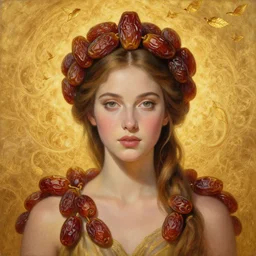 epic painting, full figure portrait of beautiful goddess with with sweet dried dates fruits, medjool dates, dried dates crown, golden glow background, drawing, photography by amy leibowitz, wlop, jeremy lipkin, beeple, intricate golden fractals, team leaves flying in the sky, symmetrical front portrait, artgerm