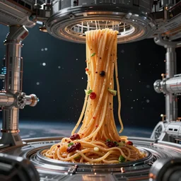 cinematic shot epic floating spaghetti, hyper realistic, mood lighting, fantasy, detailed space station, highly detailed, super realistic, perfect lighting pixel sorting, style sheet