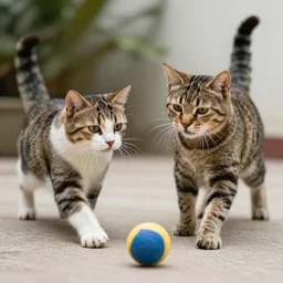 two funny cats play together with a ball
