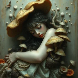 pretty sleeping woman with mushrooms as camouflage, by ellen jewett, tomasz alen kopera and justin gerard : 3