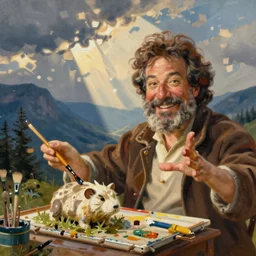 Bob Ross painting a happy little accident