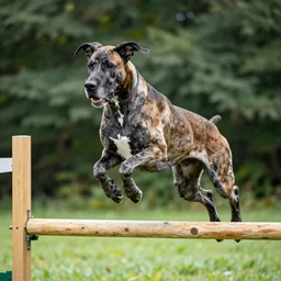 A photo of a Great Dane jumping over a fence.
