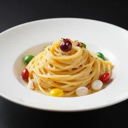skittles in spaghetti, michelin star restaurant, hdr studio lighting, award winning food photography, highly detailed