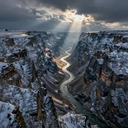 ruined landscape mountains river snow massive canyon, painted martin bergstrom