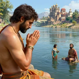 praying by the ganges river by paolo eleuteri serpieri and tomer hanuka and chesley bonestell and daniel merriam and tomokazu matsuyama, unreal engine, high resolution render, featured on artstation, octane, 8 k, highly intricate details, vivid colors