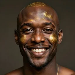 a bald black man smiling, tainted with a golden paint
