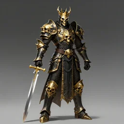 lich king wearing black and gold armor with skulls and chains, holding a two handed long straight sword with golden handle, wearing spiked crown helmet with skull mask concept art artstation