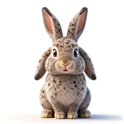 spotted lop-eared bunny, stylized pixar-style 3d render, full body, isolated on a pure white background, centered, entire subject in frame, sharp focus, soft studio lighting