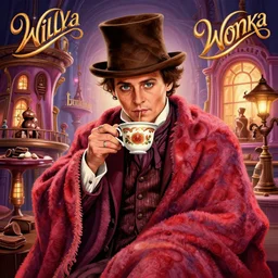 Johnny Depp is covered in a blanket and drinking tea in Willy Wonka's Chocolate Factory, Illustration, Colorful, insanely detailed and intricate, super detailed, by Lulu Chen