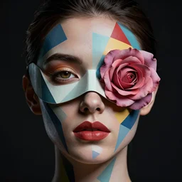 a pretty woman face, skin as colorful geometric patterns, cubistic, half masked by rose, intricate, symmetrical, volumetric dramatic light, dark black background, sharp focus, highly realistic, octane render