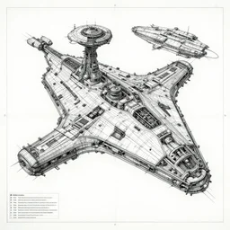 an intricately detailed blueprint of a large spaceship