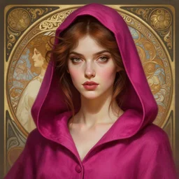 portrait of a magenta hooded gorgeous woman, fantasy, intricate, elegant, highly detailed, digital painting, artstation, concept art, smooth, sharp focus, illustration, art by artgerm and greg rutkowski and alphonse mucha