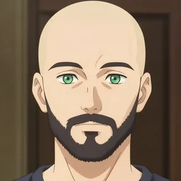 beautiful anime of bold head with short beard and green eyes, no hairs, by sherree valentine daines, peter mohrbacher, alice neel, donato giancola, mike winkelmann, laurie greasley. trending on artstation, 8 k, masterpiece, graffiti, fine detail, full of color, intricate detail, golden ratio illustration, face detail