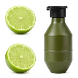 an 8k HD product photo of a lime fused with an airsoft grenade, combination image, collage elements
