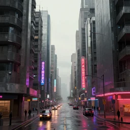 streetscape, brutalist buildings, metal, concrete, wet streets, neon lights, neon signs, vehicles!!, pedestrians, syd mead, ralph mcquarrie, doug chiang, concept art, matte painting, finely detailed, minimal artifacts, rule of thirds, dynamic lighting, cinematic, denoised, centered, artstation