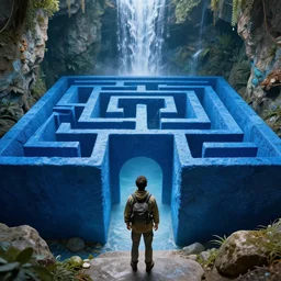 an explorer lookup up at the entrance to a stylized maze made of blue gel, deep underground waterfalls, beautiful matte painting, ultra detailed, 8 k render