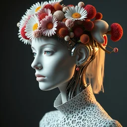 beautiful stunning biomechanical woman portrait with a smooth porcelain ivory profile face, futuristic haute couture, iris van herpin, headdress made of daisies, sponge corals, mushrooms, colorful puffballs, red rhizomorphs, cyberpunk metallic brackets, laser cut paper lace collar, octane highly render, 8 k, rim light