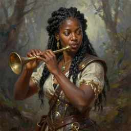a _ fantasy _ style _ portrait _ painting _ of black female charismatic bard playing instrument, rpg dnd oil _ painting _ unreal _ 5 _ daz. _ rpg _ portrait _ extremely _ detailed _ artgerm _ greg _ rutkowski _ greg