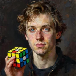 a portrait of feliks zemdegs with a rubik's cube, realistic oil painting