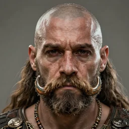 close up portray, fantasy barbarian, big horseshoe moustache. sad and remorseful face expressen. shaved head, trending on artstation, concept art