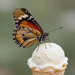 A butterfly eating an icecream. 4K. realistic, macro lense