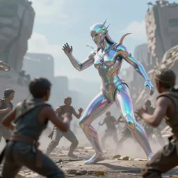 photo of iridescent humanoid deity fighting against the invasion, fantasy cinematic lighting, photorealistic, octane render 8 k depth of field 3 d