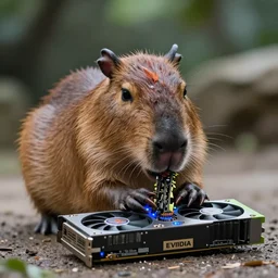 cute capybara eating a nvidia gpu with metal cooling fans, chewing on a video card, soft blue lights, wildlife photography, bokeh, sharp focus, 3 5 mm, taken by sony a 7 r, 4 k, award winning