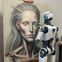 robot artist painting a self - portrait on a canvas. intricate, highly detailed, digital matte painting in the style of anna dittmann and in the style of h. r. giger. irony, recursion, inspiration.