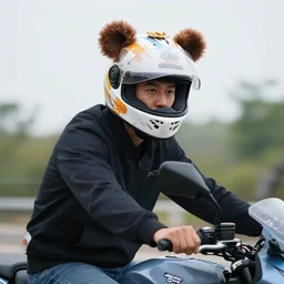 motorcyclist wearing funny helmet.