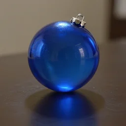 a blue ball on a table + specular highlights, ambient occlusion, global illumination, bump map, reflective, caustics, refractive