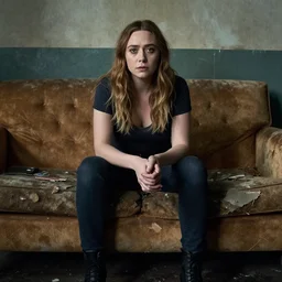 elizabeth olsen sitting on a broken couch in a crack house