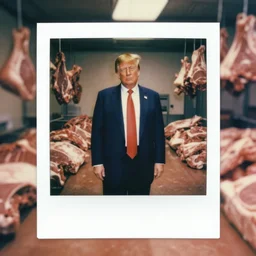 medium shot of donald trump standing in room made of full of raw meat, butchery floor, cinematic focus, polaroid photo, vintage, neutral dull colors, soft lights, dramatic, by oleg oprisco, by thomas peschak, by discovery channel, by victor enrich, by gregory crewdson