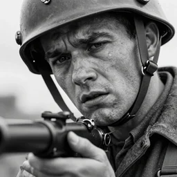 A soldier holding a tank machine gun, face in despair, world war 1, close-up, realistic face, beautiful face detail, mature facial features, black and white, amazing digital art, hyper detailed, artstation, in the style of Tony Sart